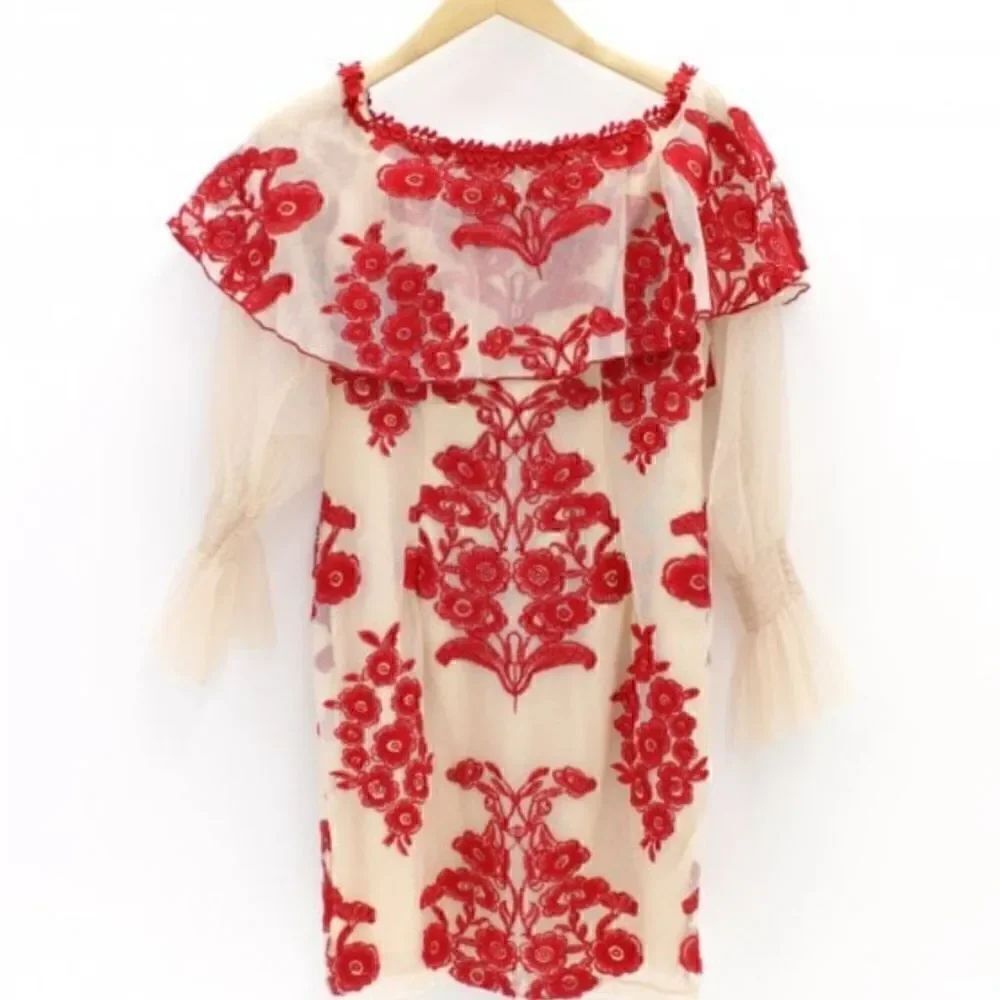 Forever Unique Rosier Frill Lace Foral Embroidered Holiday Dress Red Nude Tan 12